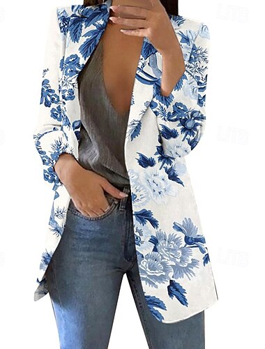  Damskie Marynarka Wygodny Nadruk Elegancja Moda Codzienny Kwiaty Wyjściowe Codzienne Sweter rozpinany Regularny Klapa Regularny Długi rękaw Odzież wierzchnia Żółty Rumiany róż Niebieski Wiosna Jesień