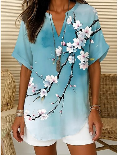  Damen Boho-Hemd Blumen Grafik Bohemien Vintage Tropisch Kurzarm V Ausschnitt Normale Oberteile Täglich Ferien Strandbekleidung Weiß Blau Beige Sommer Frühling