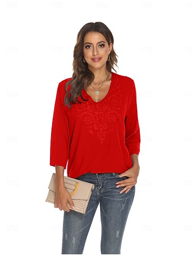  Mujer camisa boho Bordado Floral Bohemia Casual Manga 3/4 Mangas al codo Escote en Pico Tops regulares Diario Trabajo Noche Negro Rojo Morado Verano