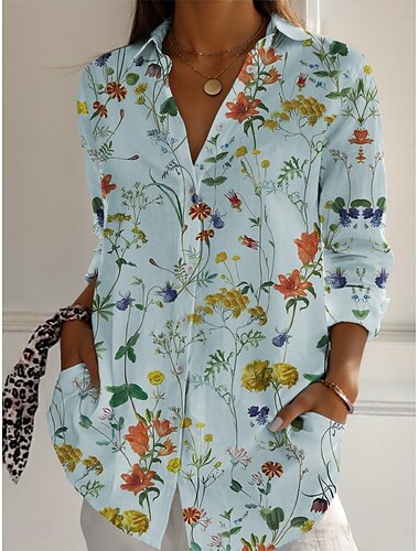  Damen Hemd Blumen Aktiv Täglich Stilvoll Langarm Hemdkragen Normale Oberteile Täglich Ferien Knöpfe Druck Weiß Rosa Marineblau Blau Grün Frühling Herbst