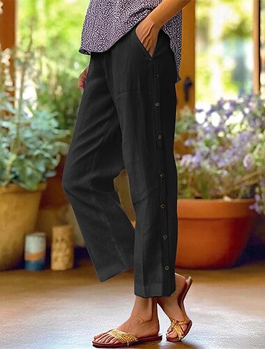  Damen Hose aus Baumwollleinen Abgeschnittene Hose Mode Lässig Knöchellang Mittlere Taille Einfach Elastischer Bund Atmungsaktiv Bequem Straße Alltagskleidung Ausgehen Schwarz Weiß Marineblau