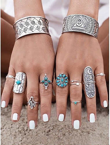  Ensemble de bagues bohèmes vintage turquoise pour femme – 9 bagues midi réglables en argent antique pour les festivals gitans, les tenues de plage et les styles décontractés