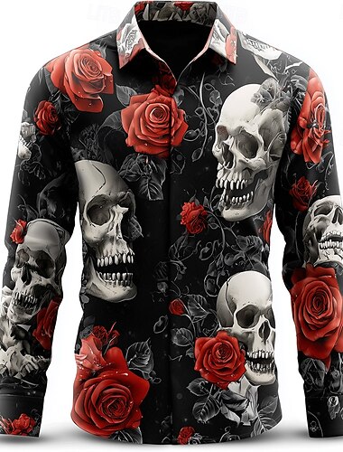  Pánské Kostra Růže Lebky Košile Košile na knoflíky Dlouhý rukáv Temný gotický styl Dovolená Streetwear Jaro Podzim Přehnutý 3D tisk košile s límečkem Černá Bílá