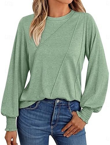  Damen Bluse Einfarbig Stilvoll Lässig Langarm Rundhalsausschnitt Normale Oberteile Täglich Rosa Wein Blau Grün Frühling Herbst