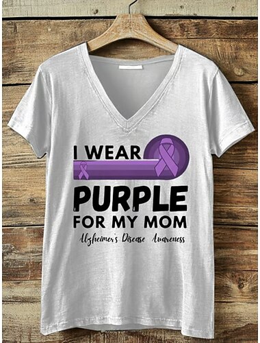  Damen-T-Shirt mit Aufdruck „Alzheimer-Bewusstsein“ und grafischem Buchstaben-Vintage-Stil, klassisch, kurzärmlig, V-Ausschnitt, normale Oberteile, Alltagsdruck, weiß, lila, violett, Sommer, Frühling