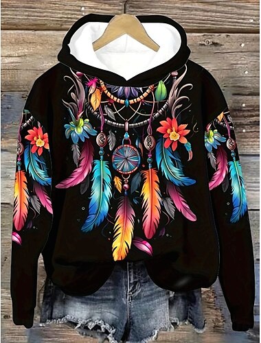  Női Pulóver Hoodie pulóver Grafika Törzsi Szüret Divat Nyugati Hosszú ujj Kapucni Normál felsők Utca Hétköznapi Szabadság Nyomtatott Elülső zseb Fekete Ősz Tél