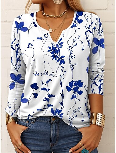  女性用 Tシャツ グラフィック 植物 スタイリッシュ カジュアル 長袖 ノッチネック レギュラートップス 日常 週末 3Dプリント プリント イエロー ブルー パープル グリーン 春 秋