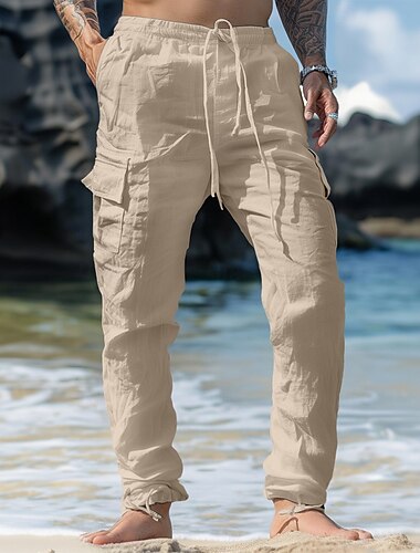  Herren Cargo-Hosen Leinenhosen Hose Sommerhose Elastischer Bund Kordelzug Mehrere Taschen Einfach Komfort Atmungsaktiv Volle Länge Lässig Täglich Ferien Urlaub Mode Schwarz Weiß Unelastisch