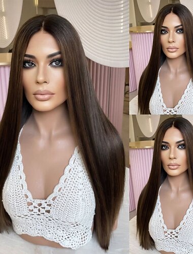  Capelli umani Remy 5x5 Chiusura 13x4 Fronte in Pizzo Parrucca Riga centrale Capelli brasiliani Liscio Castano ramato Parrucca 130% 150% Densità dei capelli con Capelli di Bambino 100% Vergine Senza