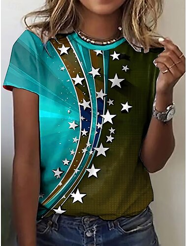  Unabhängigkeitstag Damen Patriotisches Fourth of July T-Shirt Grafisches Flagge Geometrisch Lässig Kurzarm Crew Neck Rundhals Reguläre Oberteile Täglicher Druck Rot Himmelblau Lila Sommer Frühling