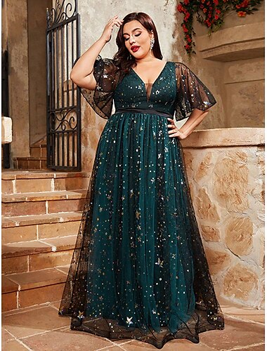  A-Linie Abendkleid Elegant Kleid Formell Hochzeit Bodenlang Kurzarm V Ausschnitt Tüll mit Falten 2025