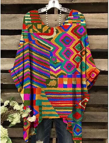  Damen Boho-Hemd Blumen Grafik Geometrisch Elegant Bohemien Aktiv Kurzarm Fledermaus Ärmel Rundhalsausschnitt Normale Oberteile Täglich Ferien Strandbekleidung Druck Weiß Gelb Rote Blau Purpur Sommer