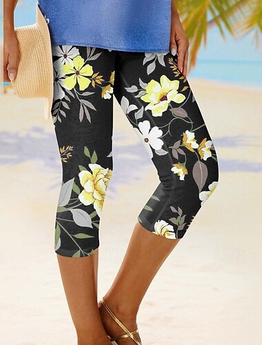  Damen Caprihose Leggings Streetwear Lässig Wadenlang Hohe Taille Blumen Elastischer Bund Atmungsaktivität Dehnbar Urlaub Straße Alltagskleidung Schwarzgrau Schwarz Weiß Blau Sommer Normale Passform