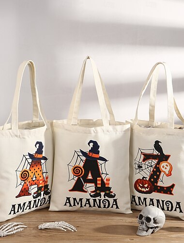  Borsa per dolcetti di Halloween con nome personalizzato per bambini, borsa porta caramelle con iniziale personalizzata per "dolcetto o scherzetto", regalo a tema Halloween con nome e iniziale