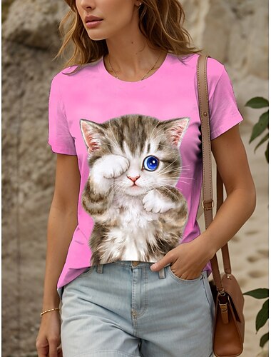  Damen T Shirt Grafik Tiermotiv Katze Vintage Niedlich Stilvoll Kurzarm Rundhalsausschnitt Rundhals Normale Oberteile Täglich Wochenende Druck Weiß Gelb Rosa Rote Blau Sommer Frühling