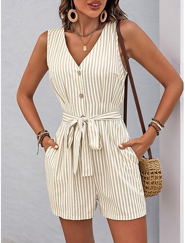  Damen Normal Strampler Aktiv Gestreift Ärmellos V Ausschnitt Tasche Urlaub Täglich Normale Passform Marineblau Grün Khaki Sommer