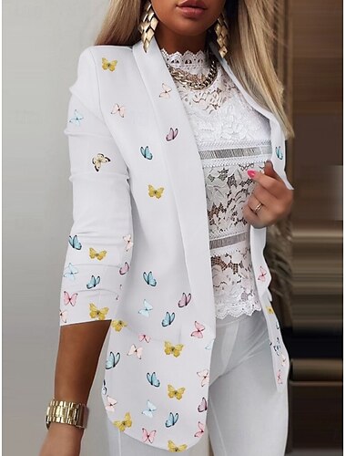  Damen Blazer Bequem Atmungsaktiv Tasche Druck Lässig Geometrisch Büro Straße Lässig Alltagskleidung Offene Vorderseite Regulär Umlegekragen Normale Passform Langarm Oberbekleidung Schwarz Weiß Rosa