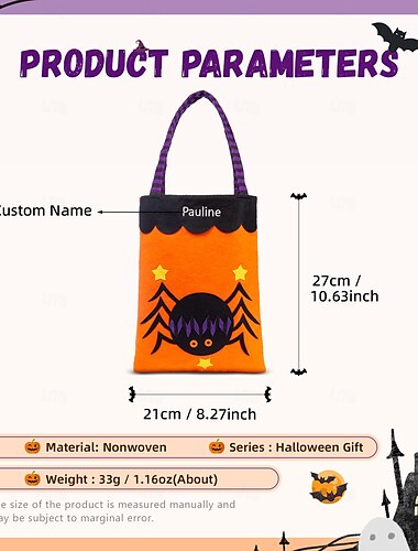  Pungă personalizată cu nume pentru dulciuri de Halloween pentru copii, coșuleț personalizat pentru dulciuri pentru trick or treat, pungă din material nețesut atrăgătoare cu capacitate mare, opțiuni de