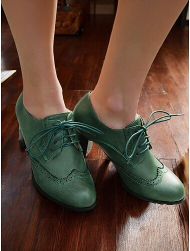 γυναικείες πράσινες γόβες brogue oxford - vintage δερμάτινα παπούτσια με κορδόνια με χοντρό τακούνι για γραφείο και casual ντύσιμο