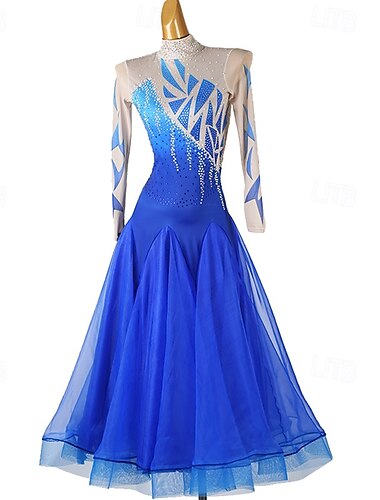  Gesellschaftstanz Kleid Strass Spleißen Damen Leistung Party Langarm Netzstoff Spandex Organza