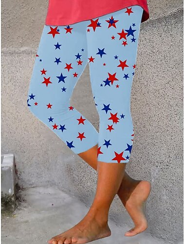  Unabhängigkeitstag Frauen Patriotic Fourth of July Leggings Strand Shorts Urlaub Vintage Fashion Wadenlange Hochwaist-Hosen Grafik Stern Druck Stretch Formal Urlaub Straße