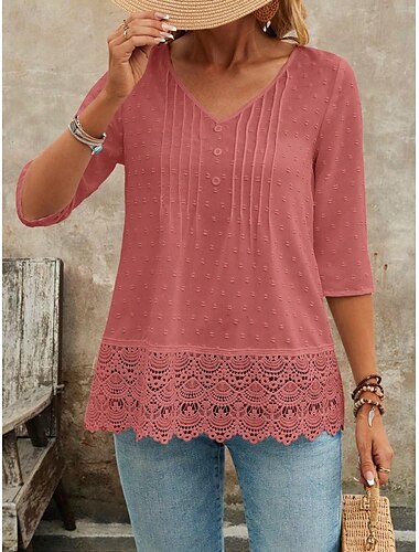  Damen Oberteil mit Spitzenspleiß Einfarbig Elegant Stilvoll Basic Halbarm V Ausschnitt Normale Oberteile Täglich Spitze Patchwork Knöpfe Schwarz Weiß Rosa Blau Sommer
