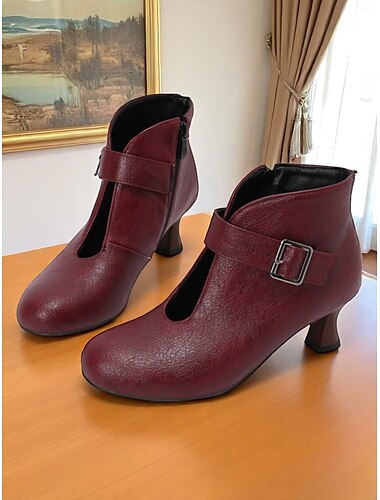  Burgunderfarbene Stiefeletten für Damen im 1920er-Jahre-Stil mit Kätzchenabsatz und Schnallenriemen, Stiefeletten im Vintage-Stil für den Herbst und den Alltag