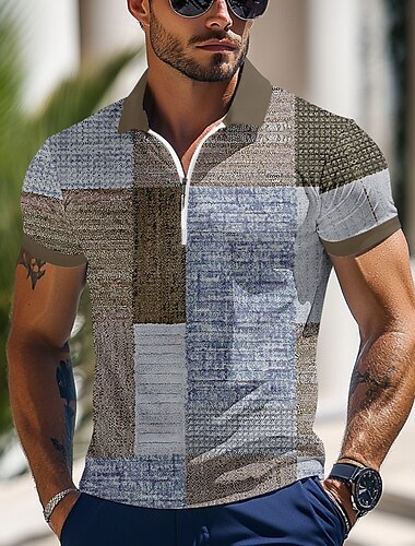  Herren Farbblock Poloshirts mit Reißverschluss Kurzarm Polo-Shirts Revers Business-Casual Outdoor Athleisure 3D-Druck Sommer Blau Grün Grau