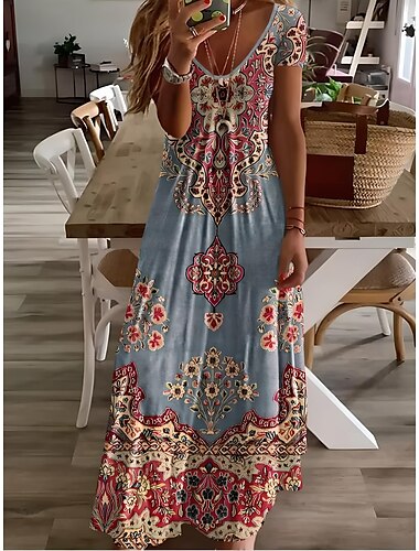  Dames Halflange jurk Zonnejurk A lijn jurk Vakantie Casual Boho Uitgaan Strand Standaard pasvorm Bloemig Grafisch Korte mouw V-hals Grijs Groen Wit Lichtgroen Rood Zomer Lente