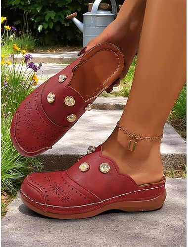  Rote Clog-Pantoletten mit Kunstperlenbesatz für Damen, Retro-Schlupfschuhe, perfekt für Blumengärten, Brunchs im Freien und Ausflüge im Vintage-Stil