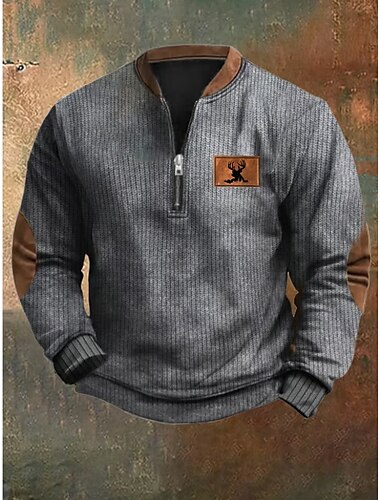  Herren Sweatshirt Viertelreißverschluss Sweatshirt Schwarz Armeegrün Marineblau Grau Halber Reißverschluss Farbblock Rentier Halber Reißverschluss Druck Sport & Outdoor Täglich Ferien Polyester