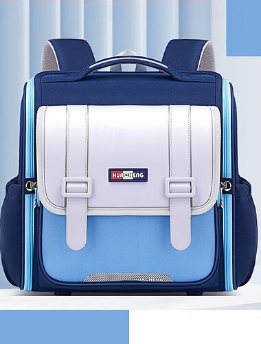 quadratischer Rucksack mit Farbblockierung, wasserdicht, britischer Stil, für Studenten, hohe Kapazität, Außentasche mit Klappdeckel, elastische Seil-Wasserbechertasche