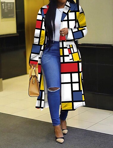  Damen Parka Bequem Tasche Mode Modern Geometrisch Outdoor Täglich Offene Vorderseite Lang Umlegekragen Normale Passform Langarm Oberbekleidung Weiß Gelb Grün Herbst Winter