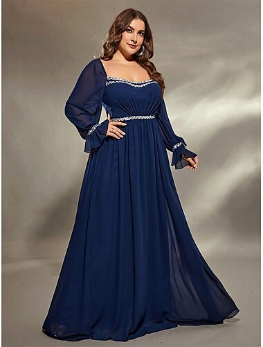  Rochie de seară în formă de A elegantă rochie formală de nuntă lungime până la podea mânecă lungă decolteu pătrat din chiffon cu pliseuri