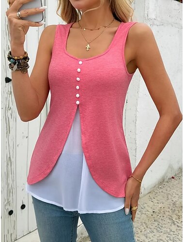  Damen Camisole-Tanktop Einfarbig Täglich Stilvoll Lässig Ärmellos U-Ausschnitt Normale Oberteile Täglich Patchwork Knöpfe Schwarz Rote Sommer