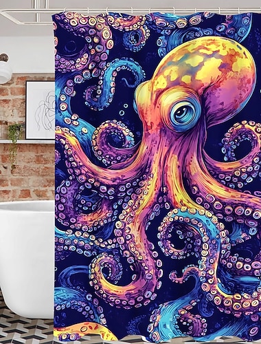  Duschvorhang mit Meerestier-Schildkröte und Haken für Badezimmer, Duschvorhang, Badezimmer-Dekor-Set, Polyester, wasserdicht, 12 Stück, Kunststoffhaken