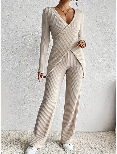  Damen Mode Streetwear Täglich Hosen-Sets Langarm V Ausschnitt Einfarbig Lässig Täglich Schwarz Beige Leicht Blau Sommer Normale Passform