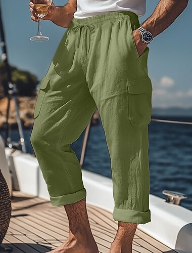  Herren Cargo-Hosen Leinenhosen Hose Shorts Sommerhose Elastischer Bund Kordelzug Gerader Schnitt Einfach Komfort Atmungsaktiv Volle Länge Lässig Täglich Ferien Urlaub Mode Schwarz Weiß