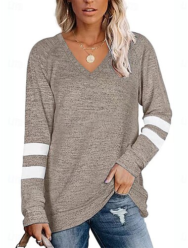  Damen T Shirt Gestreift Mode Stilvoll Modern Langarm V Ausschnitt Normale Oberteile Täglich Wochenende Druck Schwarz Blau Grün Khaki Sommer