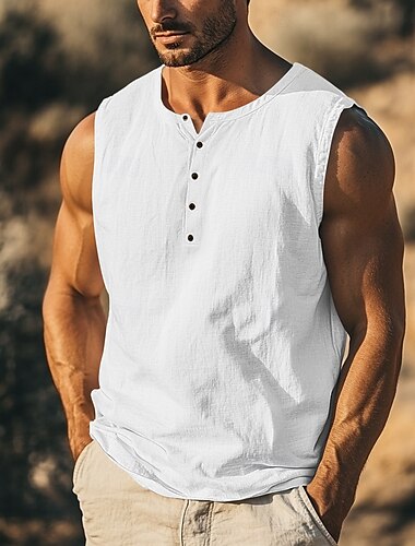  男性用 Tシャツ ノースリーブ 半袖 Ｖネック ラウンドネック 夏 平織り テクスチャード加工 ファッション クラシック カジュアル 平織り ストリート カジュアル スポーツ ブラック ホワイト カーキ色 メンズトップTシャツ
