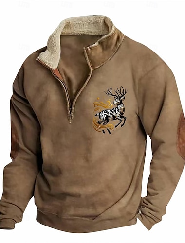  Herren Sweatshirt Viertelreißverschluss Sweatshirt Schwarz Braun Grau Halber Reißverschluss Farbblock Rentier Halber Reißverschluss Druck Sport & Outdoor Täglich Ferien Polyester Vintage Streetwear