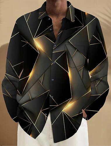  Herren Geometrisch Farbblock Optische Täuschung Hemd Knopfhemd Langarm Modisch lässig Urlaub Täglich Streetwear Frühling Herbst Umlegekragen 3D-Druck Hemden mit Kragen Eine Tasche vorne Schwarz