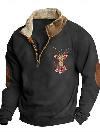  Per uomo Maglia Felpa con zip corta Nero Blu marino Marrone Grigio Mezza zip Blocco di colori Renna Mezza cerniera Stampato Sport & Outdoor Quotidiano Ferie Poliestere Vintage Streetwear Casual