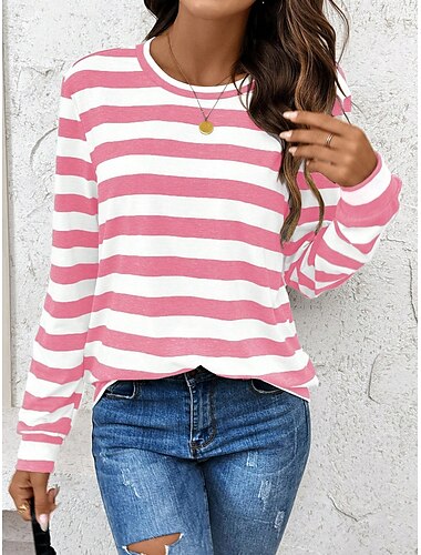  Mujer Sudadera Graphic A Rayas Casual Manga Larga Cuello Barco Tops regulares Hogar Calle Uso Diario Estampado Rosa Verano Primavera Otoño Invierno
