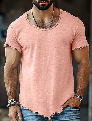  Herren T-Shirt Leinen-T-Shirt Kurzarm Kurze Ärmel Rundhalsausschnitt Sommer Einfach Mode Designer Basic Weich Urlaub Straße Lässig Hellblau Weiß Rosa Top T-Shirt für Herren