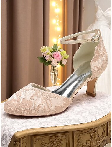  Scarpe da sposa con tacco basso in pizzo color avorio da donna, décolleté con cinturino alla caviglia e punta chiusa per cerimonie formali e ricevimenti eleganti