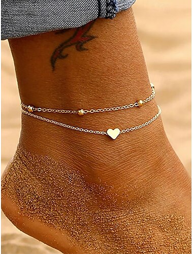  Doppellagiges Fußkettchen mit goldenem Herzanhänger für Damen – zierlicher Fußschmuck für den Strand mit Perlenkettendesign für Sommerausflüge und den Urlaub