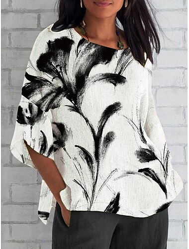  Mujer Blusa Floral Graphic Vintage Elegante Casual Manga 3/4 Cuello Barco Escote Barco Tops regulares Diario Festivos Estampado Verde salvia Negro Azul polvoriento Verde Trébol Caqui Primavera Otoño