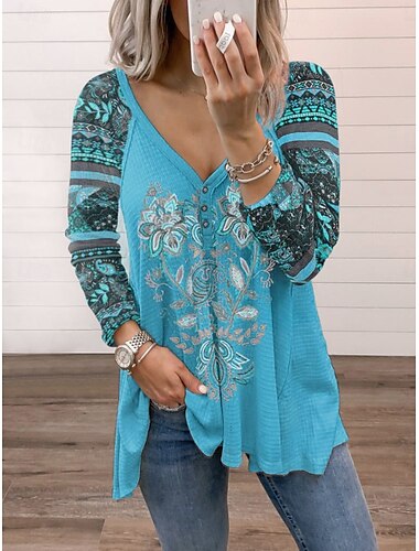  Damen Bluse Blumen Stilvoll Lässig Langarm V Ausschnitt Normale Oberteile Täglich Druck Rote Blau Himmelblau Purpur Sommer Frühling