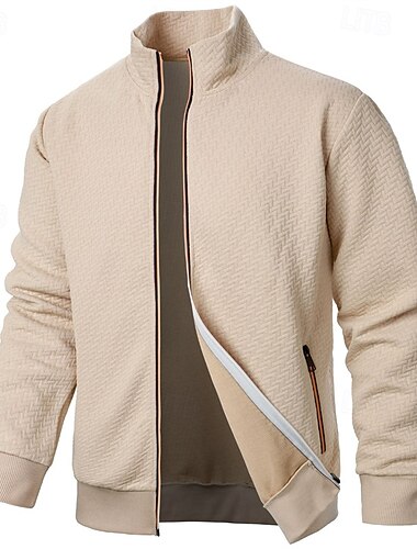  Men's Lightweight Jacket Casual Jacket Vacation Daily Pocket Jacquard Spring Fall Plain Fashion Classic Stand Collar Regular Black Wine Navy Blue Khaki Dark Gray Jacket